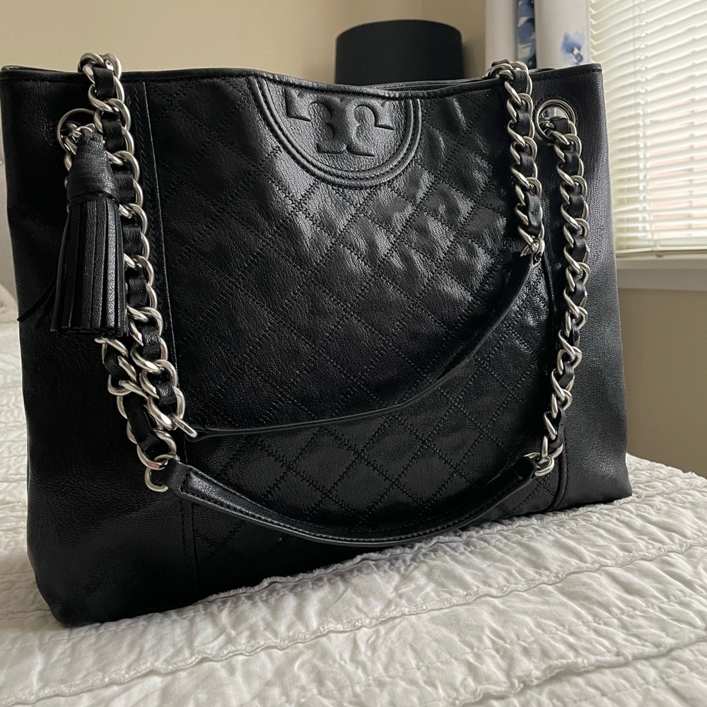 Black Tory Burch Fleming Tote with Silver chain. Excellent Condition.